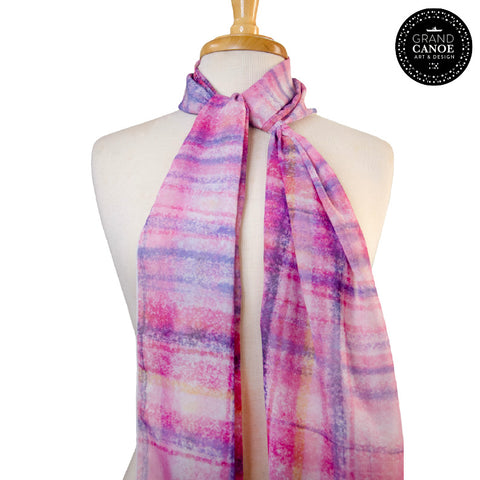 Poly Chiffon Oblong scarf with soft pastel texture in plaid in pink and purple. tones. Oblong scarf 16 inches width by 72 inches length. 